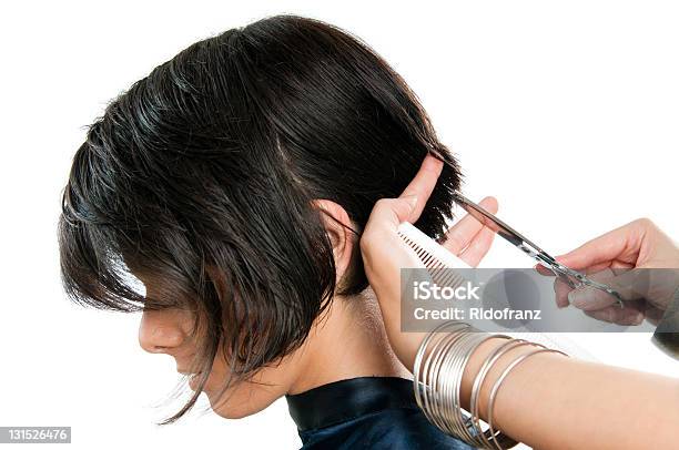 A Hairdresser Cutting The Womans Hair Stock Photo - Download Image Now - Cutting, Short Hair, Women