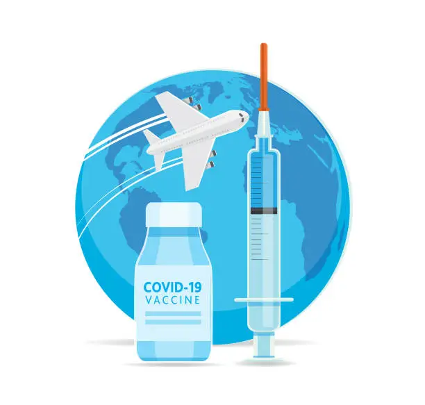 Vector illustration of Covid-19 flu virus vaccination syringe, bottle and flight travel theme with countries on white background