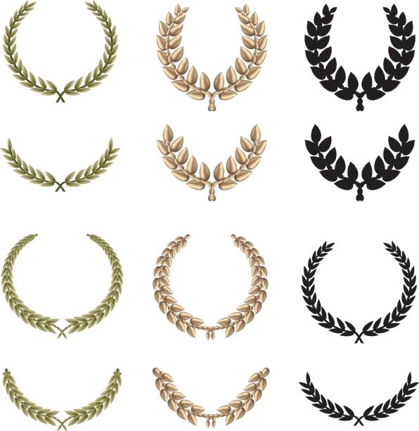 Laurel Twelve beautiful laurels in green, gold and black silhouette variations. Most elements are done with mesh. metal laurel wreath stock illustrations