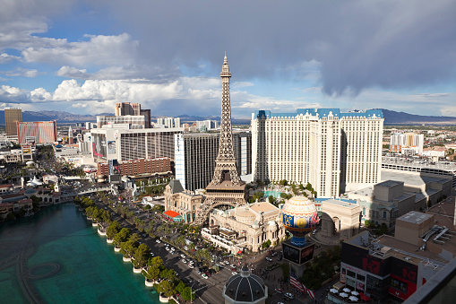 Las Vegas, Nevada, USA - October 6, 2011:  Afternoon storms above the faux Eiffel Tower at the Paris resort on the Las Vegas strip in southern Nevada.
