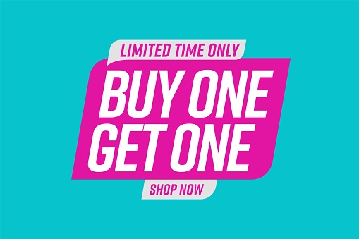 Bogo badge template with buy one get one limited time offer. Store gift, shop bonus, holiday discount marketing promo vector