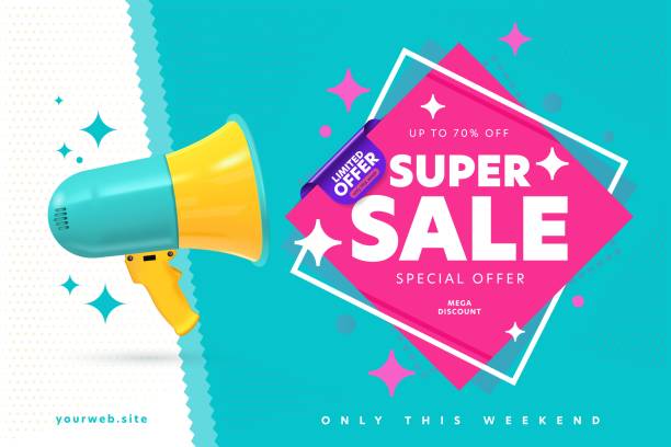 Banner announcing super sale mega weekend discount Banner template announcing super sale mega weekend discount. Loud speaker promoting limited special offer only week price off up to 70 percent design vector illustration. Advertisement concept sale stock illustrations