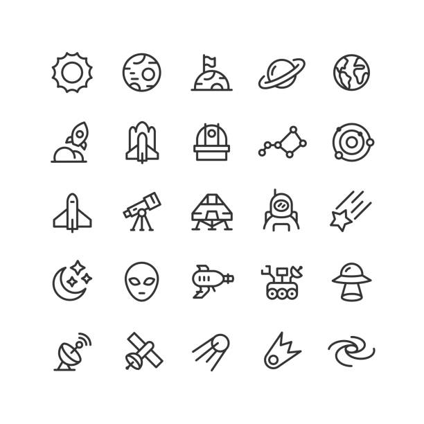 ilustrações de stock, clip art, desenhos animados e ícones de space line icons editable stroke - rocket earth planetary moon sky