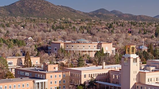 Aerial view of the Santa Fe State Capitol Building in Santa Fe, New Mexico.