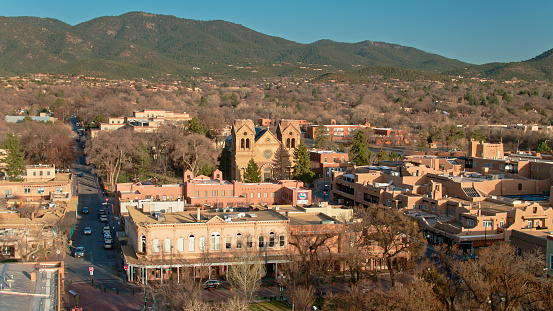 Aerial view of the downtown Santa Fe area featuring the Cathedral Basilica of St. Francis of Assisi.