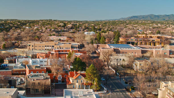 Buildings of Downtown Santa Fe - Aerial Aerial view of the downtown area of Santa Fe, New Mexico. santa fe new mexico stock pictures, royalty-free photos & images