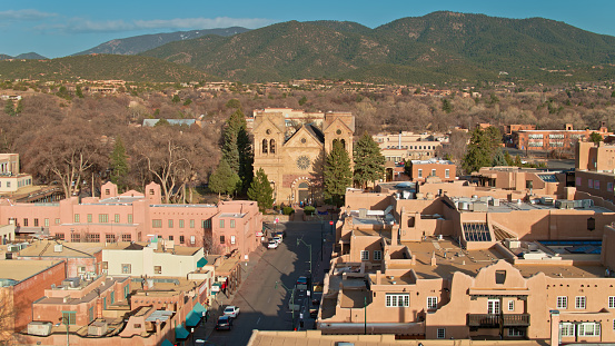 Aerial view of the the Cathedral Basilica of St. Francis of Assisi in Santa Fe, New Mexico.