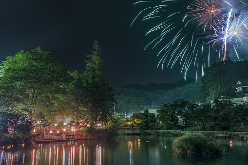 This is the photograph of the fireworks of Tsukimigaike Benzaiten Festival in Yamanashi prefecture, Japan.\nThis festival is well known for the one of the most famous sightseeing festival in this area.