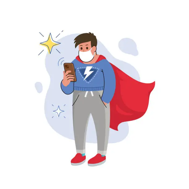 Vector illustration of superhero with medical mask uses a smartphone