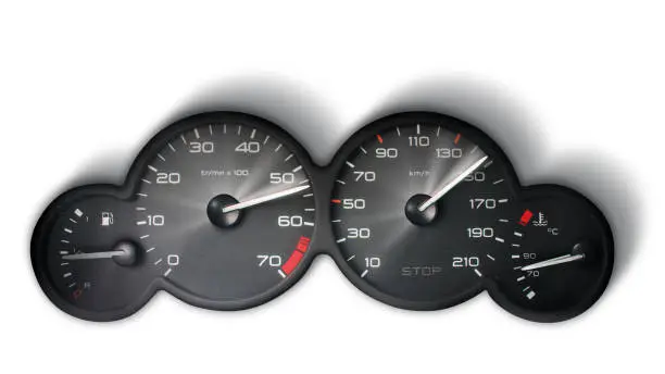 Photo of car dashboard speedometer and tachometer on white background