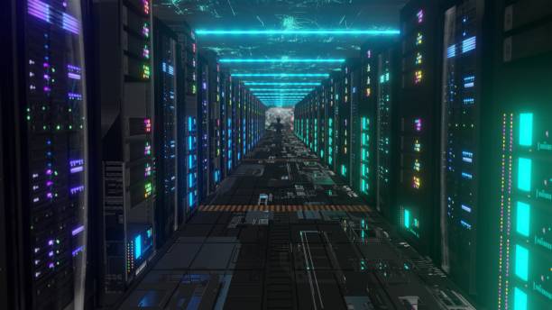 istock woman Moving Through Data Center with Server Racks LED Lights 1315288558
