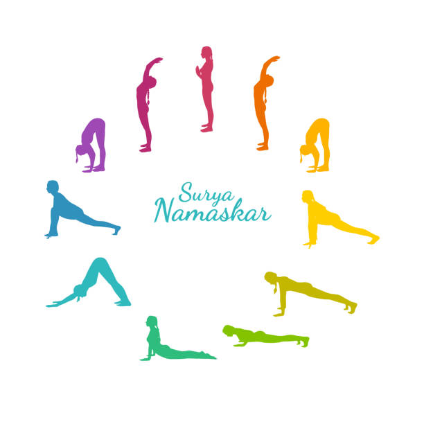 ilustrações, clipart, desenhos animados e ícones de sequência de yoga surya namaskar. mulher saudando o sol, yoga matinal flui com todos os passos. ilustração vetorial - saudação ao sol