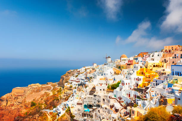 Panoramic view of Oia town in Santorini island, Greece Panoramic view of Oia town in Santorini island, Greece. Summer landscape, sea view. Famous travel destination fira santorini stock pictures, royalty-free photos & images