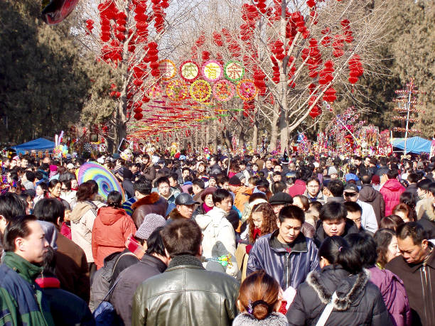 Beijing, China- January 20, 2019: Large Holiday Crowds at the Beijing Temple Fair for Lunar New Year (Spring Festival).