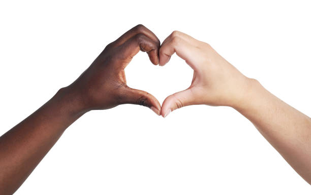 Studio shot of two unrecognisable women joining their hands to make a heart shape against a white background The other half of my heart heart hands multicultural women stock pictures, royalty-free photos & images
