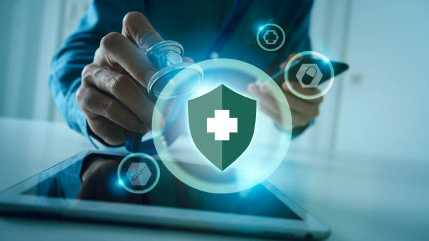 istock Medical doctor holding stethoscope and mobile, immune system shield for protect your body from danger virus concept. 1315302942