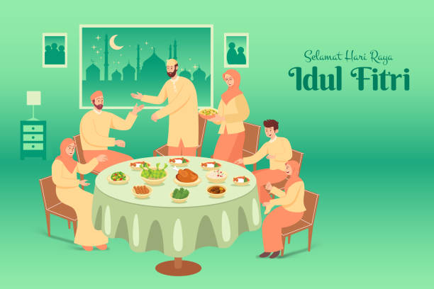 Happy Eid mubarak in English Selamat hari raya Idul Fitri is another language of happy eid mubarak in Indonesian. muslim family having dinner together during Eid Mubarak in dining room at home muslim family stock illustrations