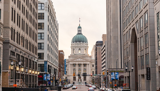 Indianapolis, IN - April 4, 2021: Indiana State Capitol building in Indianapolis, IN