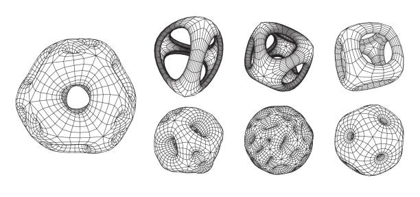satz von abstrakten 3d-drahtmodell-formen oder elementen mit glatten ecken und löchern. wissenschaftliche und geometrische abstraktion mit deformierten plationischen formen - hexahedron stock-grafiken, -clipart, -cartoons und -symbole