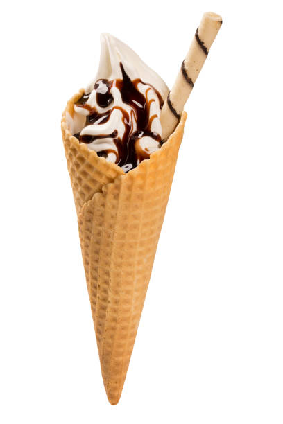 istock Vanilla ice cream with chocolate syrup in cone 1315304922