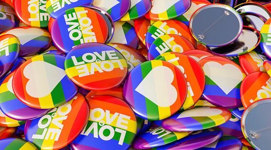 Orgullo Gay- Pila de botones de bandera arco iris ilustración 3D -lgbt photo