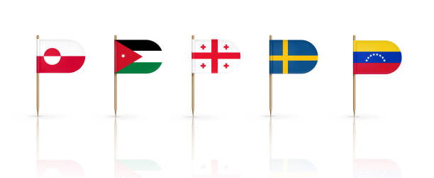 Toothpick flags, oval edge pennants isolated set Toothpick flags of Greenland, Jordan and Georgia with Sweden and Venezuela. National banners on wooden pointed sticks. Oval edge pennants isolated on white background, Realistic 3d vector icons set georgia football stock illustrations