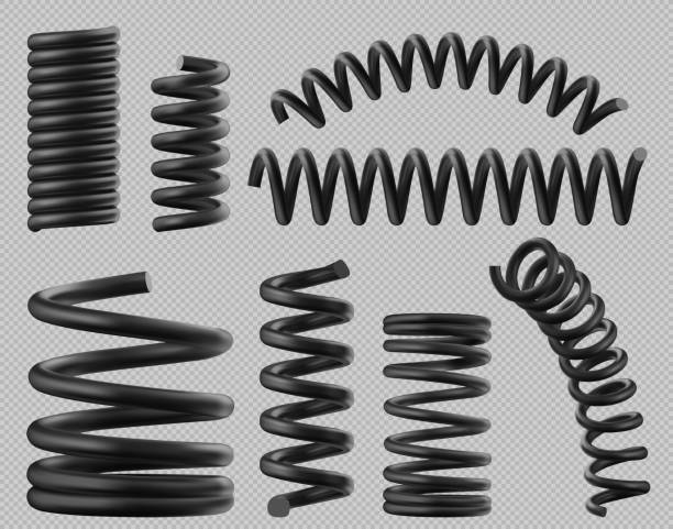 Black spring coils, flexible spiral metal wire Black spring coils, flexible spiral metal wire. Vector realistic set of plastic or steel elastic springy coils different shapes for suspension or machine absorber isolated on transparent background coiled spring stock illustrations