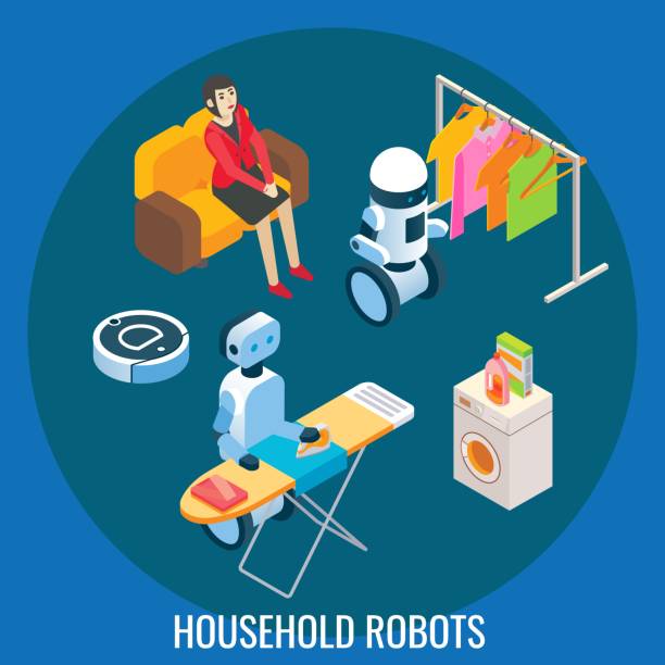 istock Smart home ai robots helping people with laundry, cleaning house, ironing clothes, vector isometric illustration. 1315311771