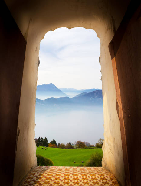 View from door of castle. Scenery view of mountain with fog. Travel concept