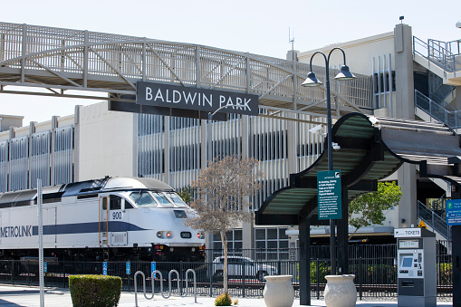 Baldwin Park, California, USA - April 18, 2021: Sun shines on the downtown Baldwin Park train station.