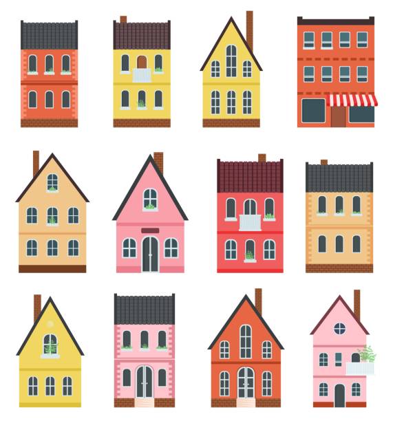set von winzigen häusern fassaden - pink buildings stock-grafiken, -clipart, -cartoons und -symbole
