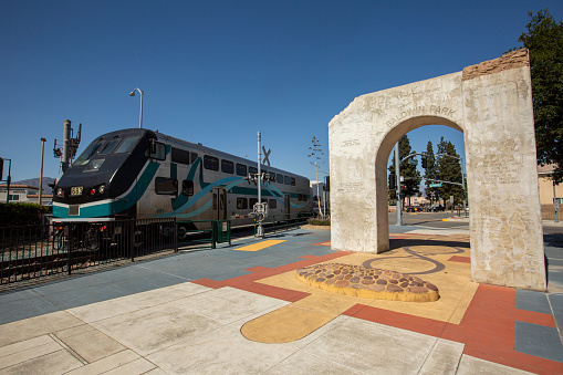 Baldwin Park, California, USA - April 18, 2021: Sun shines on the downtown Baldwin Park train station.