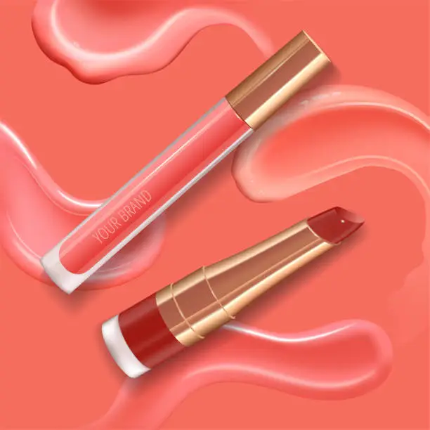 Vector illustration of Make-up set for lips with realistic creme smear, realistic glossy shining smiling lips and liquid lipstick.