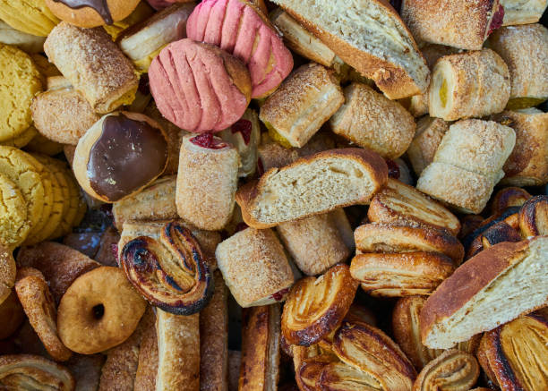 Breads in a basket piled up stock photo