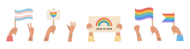 Big set of people hands holding transgender and gay flag, placard with lgbt rainbow and slogan love is love, signs and symbols for pride month celebration. LGTBQ parade. Vector flat illustration. Big set of people hands holding transgender and gay flag, placard with lgbt rainbow and slogan love is love, signs and symbols for pride month celebration. LGTBQ parade. Vector flat illustration lgbtqia pride event stock illustrations