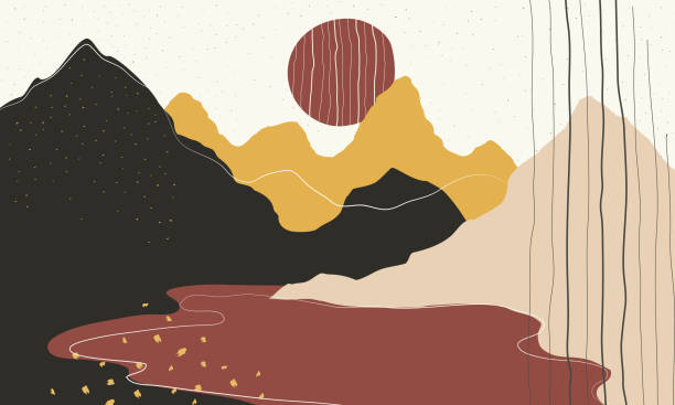 ilustrações de stock, clip art, desenhos animados e ícones de horizontal background template with mountains silhouettes like waves and a red lake. - travel simplicity multi colored japanese culture