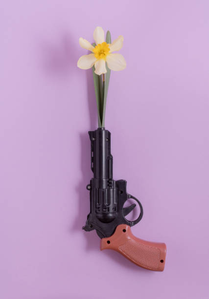 Plastic revolver with a yellow narcissus in the barrel. Creative spring concept. Plastic revolver with a yellow narcissus in the barrel. Creative spring concept. guerrilla warfare photos stock pictures, royalty-free photos & images