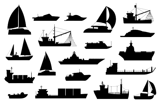 Boats silhouette. Sailboat, barge, fishing and cruise ship, sea yacht, passenger and cargo vessel icons. Nautical transport logo vector set. Shipping industrial or commercial boats