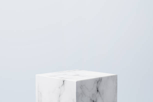 istock Empty white marble podium on pastel blue color background, Product Stand. 1315331732
