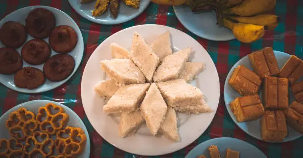 Sinhala and Tamil new years day celebration, traditional sweets and food table,