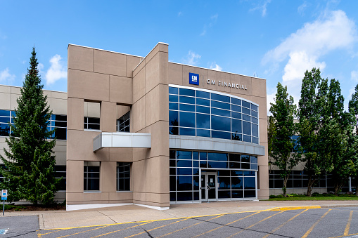 Peterborough, Ontario, Canada - September 2, 2020: GM Financial office building in Peterborough, Ontario, Canada. GM Financial is the wholly owned captive finance subsidiary of General Motors.