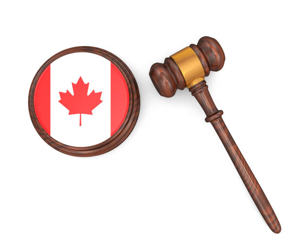 concept de loi du canada - canadian flag judge’s gavel - canadian flag flag trial justice photos et images de collection