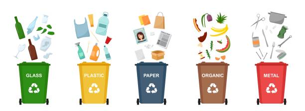 ilustrações de stock, clip art, desenhos animados e ícones de set of garbage bins for recycling different types of waste. sorting and recycling waste. vector illustration - broken glass green shattered glass