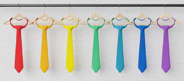 ties hung on wooden hangers with rainbow colors. 3d render