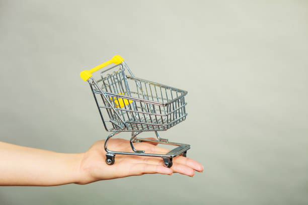 istock Woman hand holding small tiny shopping cart 1315339575