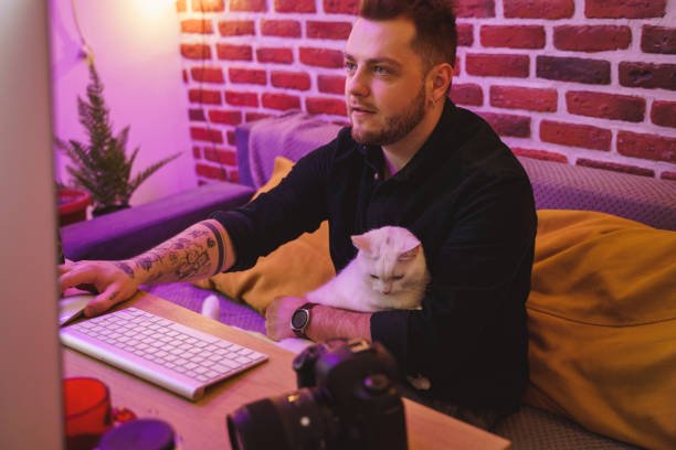 istock Man retouching photos at the computer with his white cat at the laps 1315340106