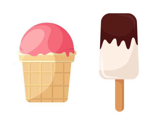 różowe lody w filiżance waflowej i lody wylane z czekoladowym lukrem na patyku - snack street food chocolate waffle stock illustrations
