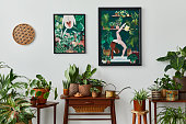 Stylish botany composition of home garden interior with wooden mock up poster frame, filled a lot of beautiful house plants, cacti, succulents in different design pots and floral accessories. Template