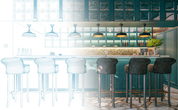 istock Luxury restaurant bar with bar stools half blueprint half 3D rendered image 1315344173