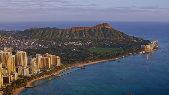 AERIAL Waikiki, Honolulu and Diamond Head at sunset